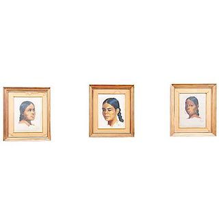 Lote de 3 obras pictóricas. Luis Solleiro. Retratos de mujeres indígenas. Firmados. Óleo sobre tela sobre tabla. Enmarcados. 34 x 26 cm