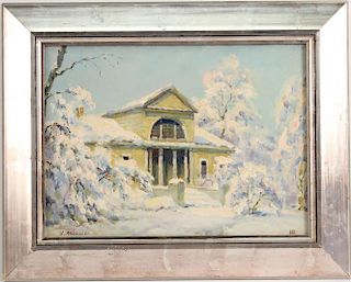 Oil on Canvas, Snow Scene With Centered Building