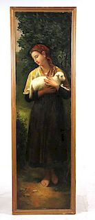 Oil on Board, Woman Holding Lamb