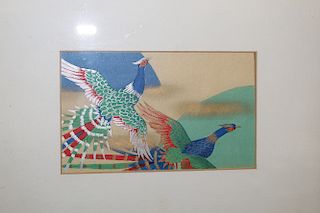 Japanese Watercolor Painting of Two Birds, framed.