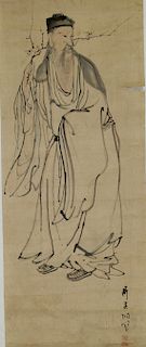 Chinese Ink Painting on Paper Scroll. Old Man carrying a flower branch.