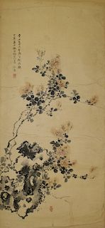 Chinese Antique Ink and Watercolor Painting on Paper Scroll.