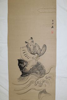 Japanese Ink Painting on paper scroll. Old man riding a fish.
