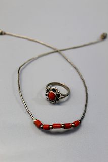 Red coral beads necklace and ring
