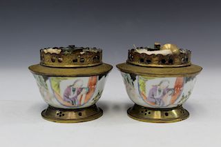 Pair of Chinese famille rose porcelain opium lamps.