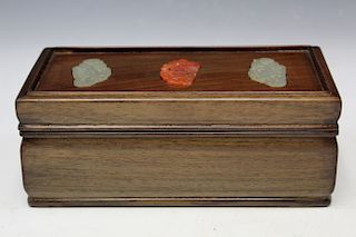 Chinese rosewood box with carved jade inlaid.