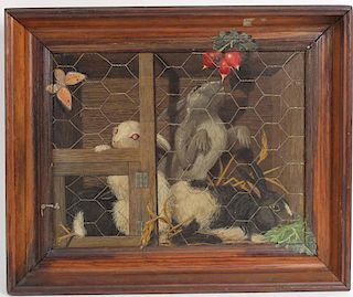 Oil on Masonite, Bunnies in a Cage, Artist Unknown, 20th C.