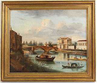 Oil on Canvas, River Scene, Buildings & Figures