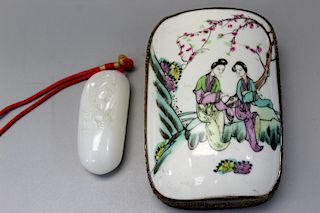 Chinese metal box with famille rose porcelain cover and