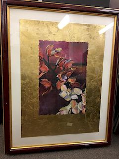 Large Vividly Colored Floral Flower Painting Gold Border Signed by Shawn Farley