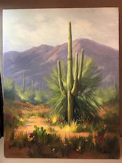 Signed Unframed David Flitner Painting Oil on Canvas Desertscape with Flowers