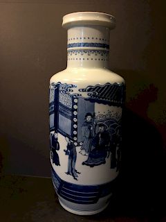 OLD Large Chinese Blue and White Vase with Figurines, Kangxiperiod, 17th/18th century. 18" h