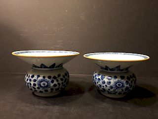 OLD Pair Chinese Blue and White Censers, 18th Century. Ca 1750s