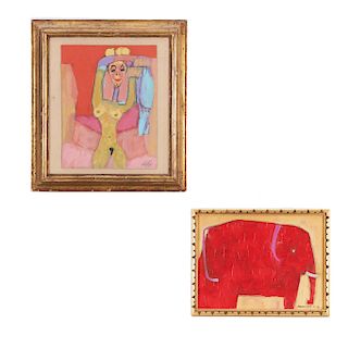 Lote de 2 obras pictóricas. Firma sin identificar. Mujer y Elefante. Firmados y fechados '85 y 2004. Acrílico sobre tela. Enmarcados.