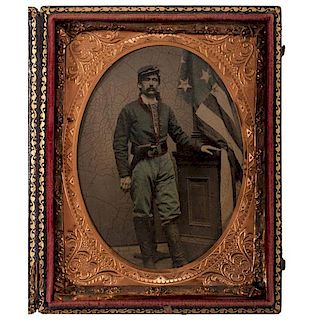 Quarter Plate Tintype of Armed Union Soldier Posed in Front of the Stars and Stripes 