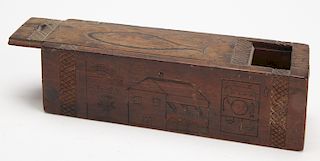 Slide Top Box with Carved House & Fish dated 1851
