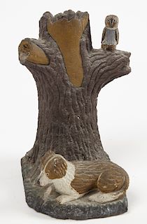 Carved Stone Stump w/Dog & Owl