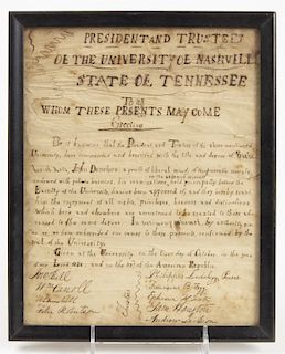 1828 University of Nashville Tennessee Diploma