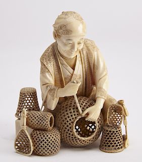 Chinese Carved Figure Man with Baskets