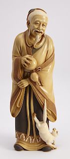 Tall Chinese Carved Figure of Man with Cat