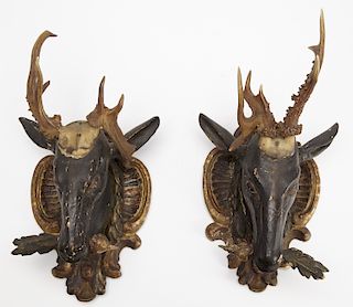 Pair of Carved Painted Deer Heads w Natural Antler