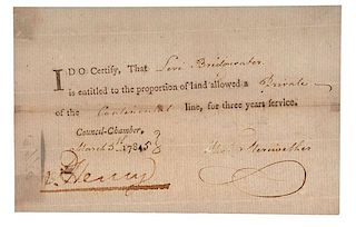 Patrick Henry Signed Land Document for Service in Continental Army 