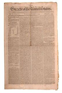 Gazette of the United States, Philadelphia, PA, March 6, 1793, Featuring Report of George Washington's Second Presidential Inauguration 