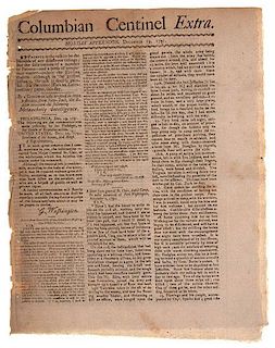 Columbian Centinel Extra, Boston, MA, December 19, 1791, First Report of St. Clair's Defeat, Greatest American Indian Defeat of US Army 