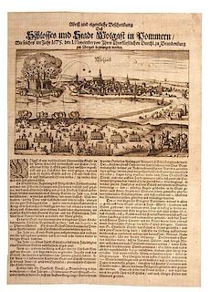 Rare Illustrated News Broadside Featuring Engraving of the Siege of Wolgast, Germany, 1675 