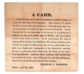 Very Rare Southern Broadside Regarding a Personal Dispute in Mobile, 1839 
