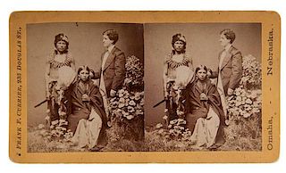 Currier Stereoview of Indian Trader & Interpreter Julius Meyer with Iron Bull, Squaw, and Son