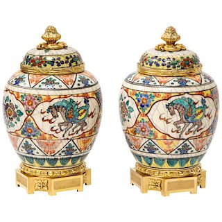 Exquisite Pair of French Ormolu-Mounted Chinese Style Porcelain Vases and Covers