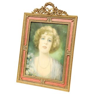 Large French Gilt Bronze Ormolu and Pink Guilloche Enamel Picture Photo Frame