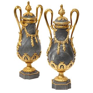 Pair of French Ormolu Mounted Bleu Turquin Marble Brule Parfums Vases
