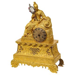 Exquisite French Charles X-Ormolu Jeweled Chinoiserie Figural Table Clock