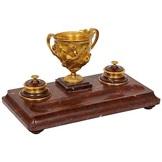 Large Rouge Marble and Gilt Bronze Inkwell Encrier, Attributed to Barbedienne