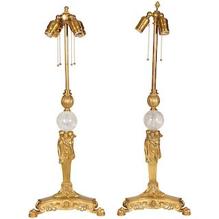 Pair of American Gilt Bronze and Rock Crystal Table Lamps, Edward F. Caldwell Co