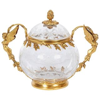 French Silver Gilt Etched Glass Bowl with Cover Attributed to Boucheron Paris