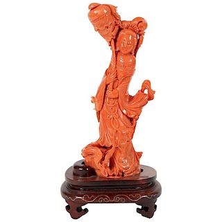 Exceptional Chinese Carved Coral Figure of a Guanyin ""Kwan Yin""