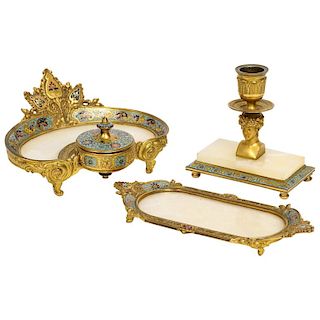 French Ormolu Bronze, Onyx, and Champleve Cloisonne Enamel Desk Set, Inkwell