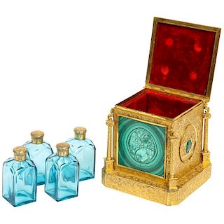Exquisite Quality Napoleon III Engraved Ormolu and Malachite Perfume Bottle Box