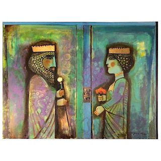 Nasser Ovissi, (Iranian, Born 1934) ""Darius and Atossa"" Oil on Canvas Painting