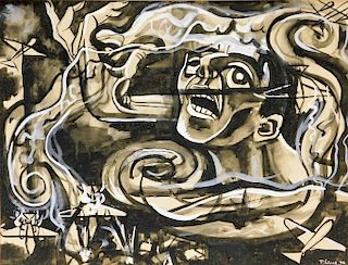 Otto Plaug Modern Surrealist WWII War Ink Drawing