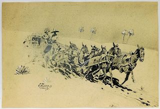 Otto Plaug Western Horse Drawn Buggy Ink Drawing