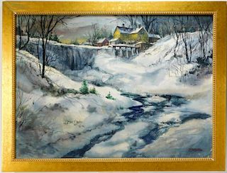 W Spencer Crooks Winter Cottage Landscape Painting