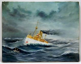 P. Schiot Maritime Naval Seascape O/C Painting