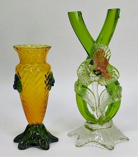 2 Bohemian Czech Applied Flower Art Glass Vases