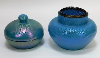 2 Blue Opalescent Bohemian Art Glass Vessels