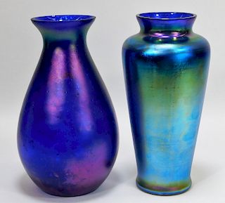 2 Kralik Blue Oil Spill Bohemian Art Glass Vases