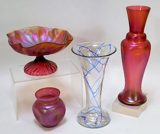 4 Iridescent Bohemian Art Glass Vessels